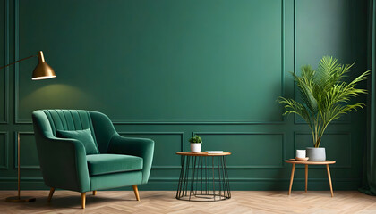 Luxurious Green Interior with Velvet Armchair and Plant