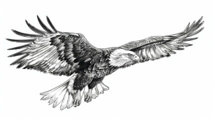 A realistic and finely-tuned pencil drawing showcasing an eagle with its wings fully extended, highlighting the bird's power and grace in exquisite monochrome detail.