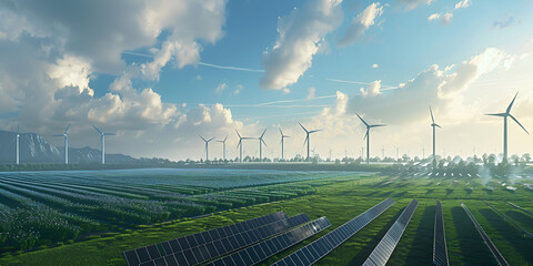 Expansive Renewable Energy Farm with Rows of Solar Panels and Wind Turbines Under a Partly Cloudy Sky
Large-Scale Renewable Energy Production with Solar Panels and Wind Turbines Across Green Fields