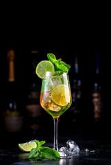Popular summer cocktail drink with sparkling wine, elderflower syrup, soda, lime, mint and ice in...