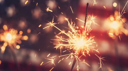A close-up shot of sparklers lit up with the American flag in the background. This image evokes a sense of celebration, patriotism, and festivity, showcasing the sparks beautifully.