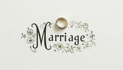 Wedding ring on a white background with the word "Marriage" written in elegant script, surrounded by floral designs.