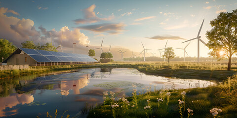Naklejka premium Renewable Energy Farm with Solar Panels and Wind Turbines by a Tranquil Pond at Sunset Sustainable Power Generation Site Featuring Solar Arrays and Wind Turbines in a Serene Waterside Setting 