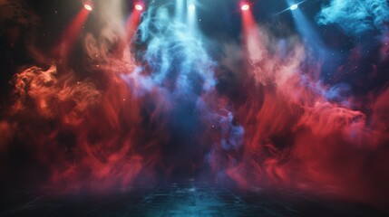 A mystical stage scene showcases swirling red and blue fog under a spotlight, creating a fantastical and enchanting atmosphere ideal for events or dramatic performances.