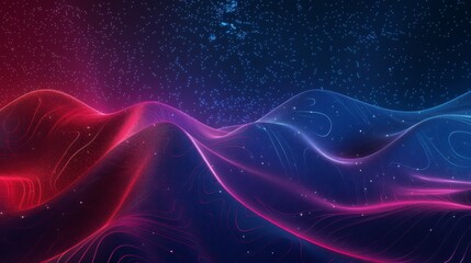 Fototapeta premium Artistic representation of colorful, flowing waves under a starry night sky, depicting an abstract, cosmic landscape filled with vibrant hues and imaginative energy.