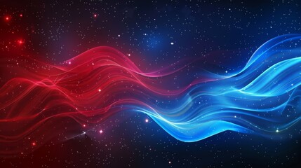 Obraz premium Red and blue wavy ribbons flow seamlessly across a starry cosmic background, creating a mesmerizing visual pattern and striking contrast between the two colors.