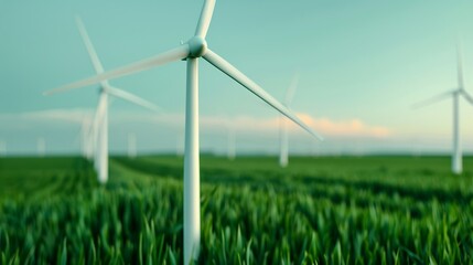 Wind turbines spinning in a green field under a clear blue sky representing the shift towards wind energy as a sustainable alternative to fossil fuels for a cleaner environment. Background