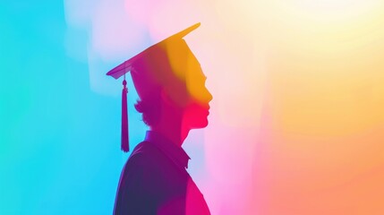 Shadow figure with graduation hat, jobless graduate close up, focus on, copy space bright and vivid hues, double exposure silhouette with unemployment