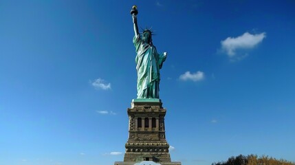 Obraz premium A stunning real-life photograph of the Statue of Liberty standing tall against a clear blue sky, capturing the monument’s grandeur and its detailed architectural elements.