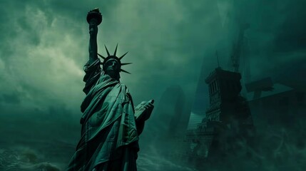 The Statue of Liberty stands tall amidst a dark and stormy backdrop, symbolizing resilience and strength even in the face of adversity, with towering buildings in the distance.