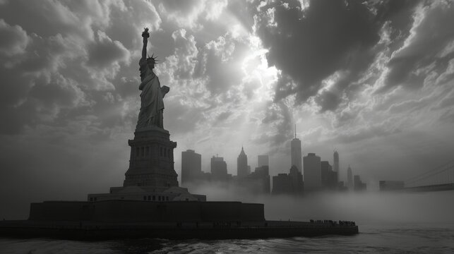 The Statue of Liberty set against a foggy New York skyline at dawn, capturing the mysterious aura and the iconic presence of this monumental symbol of freedom.