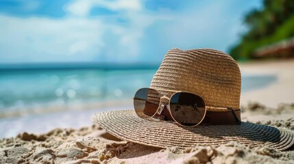 A close-up shot of a straw hat and aviator sunglasses resting on a sandy beach, embodying relaxation and a carefree summer vibe under the bright sun.
