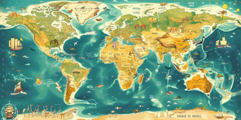 World map illustration with continents, countries, and oceans depicted on paper, featuring detailed vector graphics of Earth's geography