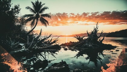 Palm tree silhouette against sunset over the ocean.