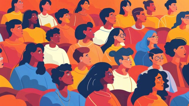 An illustration featuring a diverse and colorful audience seated in a theatre hall, drawn in a stylized and vibrant art style representing community and engagement.