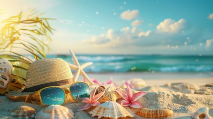 Beautiful beach scene featuring seashells, sunglasses, a straw hat, and starfish resting on sandy shore under a clear blue sky, evoking a sense of relaxation and vacation.