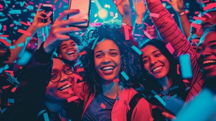 Obraz premium A woman capturing a selfie with her friends and posting it to Instagram on her smartphone while at a party, the group all beaming with joy