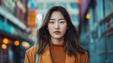 Obraz premium Stylish South Korean Woman with Acne in Urban Setting, Wearing Fashionable Outfit, Promoting Healthy Skin