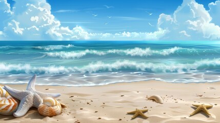 A beautiful beach scene showing starfish and seashells scattered on the sand with gentle waves in the background, under a clear sky with seagulls flying above.
