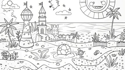 Obraz premium This engaging seashore illustration captures a fantastical scene with a lighthouse and castle, surrounded by nature's beauty and playful, imaginative elements for a dreamy escape.
