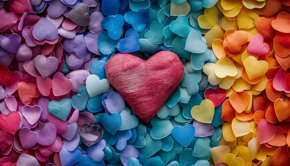 Obraz premium A close-up of colorful paper hearts arranged in a rainbow gradient, with a larger red heart in the center.