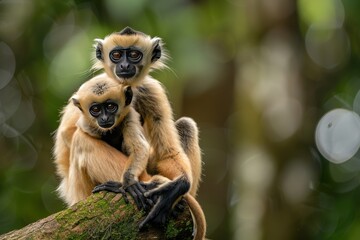 Fototapeta premium Two Young Golden Langurs Huddle Together in a Forest