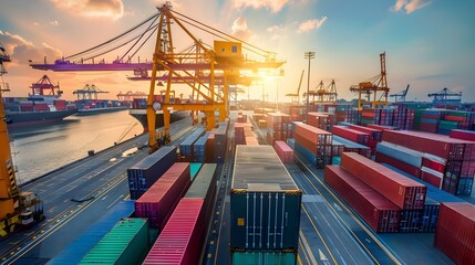cargo freight logistic on open blue sea logistics with crane bridge in shipyard with transport logistic import export with sunrise view
