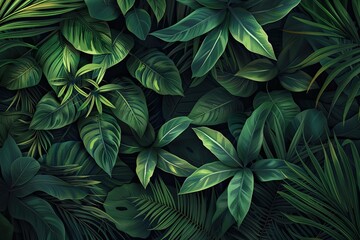 A lush green jungle with many leaves and plants. The image is full of life and energy, and it gives off a sense of adventure and exploration. The vibrant green color of the plants