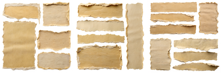 Frayed, irregular, jagged, and rough torn paper edges in various shapes and sizes isolated transparent background