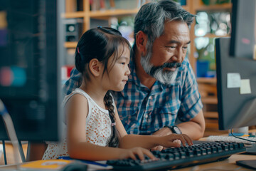 Father and son using a computer to complete school assignments and digital learning activities together