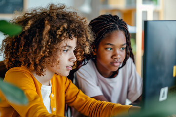 Children learning with a computer in an interactive and technology-driven classroom setting