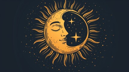 This image depicts a celestial design of a half sun and half moon face, combined with stars scattered on a dark background, representing day and night balance.