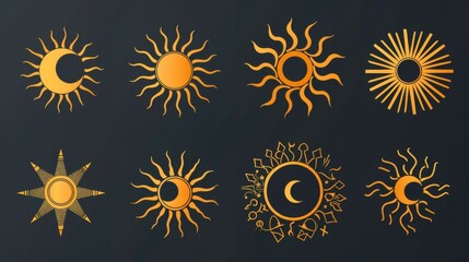 This collection presents different sun and moon icons with artistic, swirling, and geometric designs, ideal for adding a creative touch to any project.