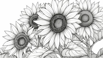 This line art image captures a group of richly detailed sunflowers in a garden, emphasizing the intricate patterns and structures of the flowers and their surrounding leaves. © Nicholas
