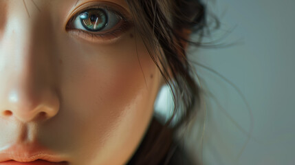 Macro Image of a South Korean Woman's Face, Highlighting Natural Beauty and Dewy Complexion