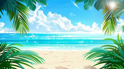 A beautiful illustration showcasing a pristine blue beach with calm waters, fluffy white clouds in the sky, framed by vibrant green palm leaves, exuding tranquility and peace.
