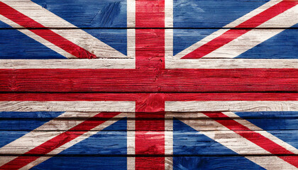 United Kingdom national flag of is painted on uneven wooden boards.
