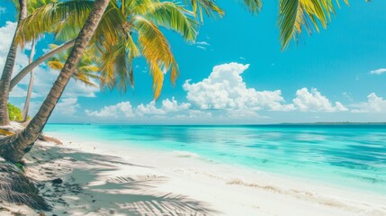 A beautiful white sandy beach with crystal-clear water under a vibrant turquoise sky, exhibiting the epitome of a tropical paradise and a perfect vacation spot.