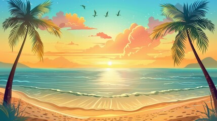 Obraz premium A colorful sunrise over a tropical beach with palm trees and clear skies, embodying an idyllic and serene atmosphere perfect for a peaceful morning getaway.