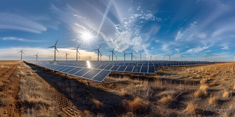 Fototapeta premium Renewable Energy Powerhouse: Wind Mills and Solar Panel Powerstation Thriving Under a Cloudy Atmosphere 