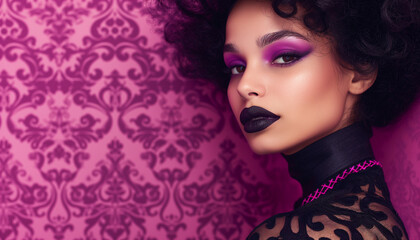 Portrait of a woman with curly hair, purple eyeshadow, and black lipstick, set against a purple patterned background.