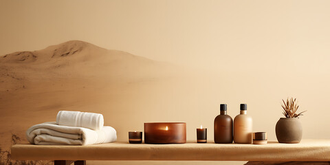 Minimalist spa setting with brown bottles and white towels on a sandy background, evoking relaxation and tranquility. 
