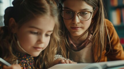 Obraz premium A thoughtful teacher in glasses provides focused and personalized support to a young student reading a book, fostering a nurturing and attentive learning atmosphere.