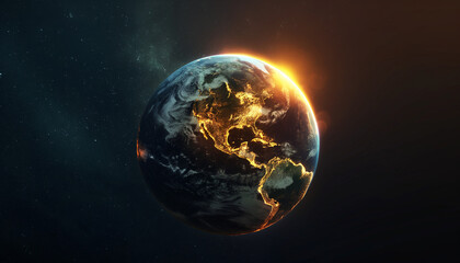 Obraz premium Earth with glowing edges in the dark space, partially illuminated by the sun, showcasing North and South America.