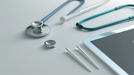 stethoscope and tablet on white background