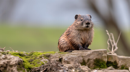 A brown and grey rodent sitting on a mossy rock, perfect for wildlife and nature photography projects. 
