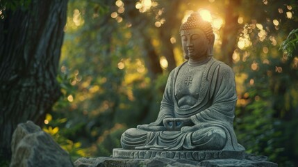 A Buddha statue in deep meditation, situated in a serene forest setting, embodies spirituality, peace, and enlightenment with golden light filtering through the trees.