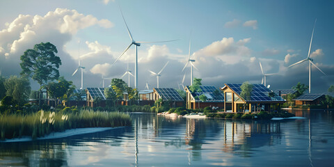 Renewable energy sources wind mills and solar panels, meet the race of climate change