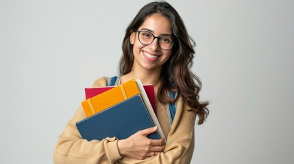 A happy student wearing a casual outfit is smiling and holding notebooks, reflecting readiness and cheerfulness for academic endeavors against a light grey background.