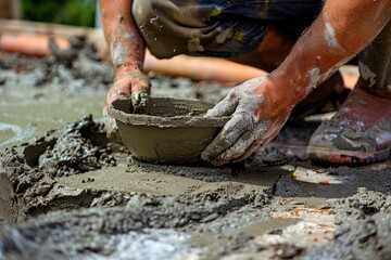 A man is holding a bowl of cement and wearing gloves. Concept of hard work and manual labor